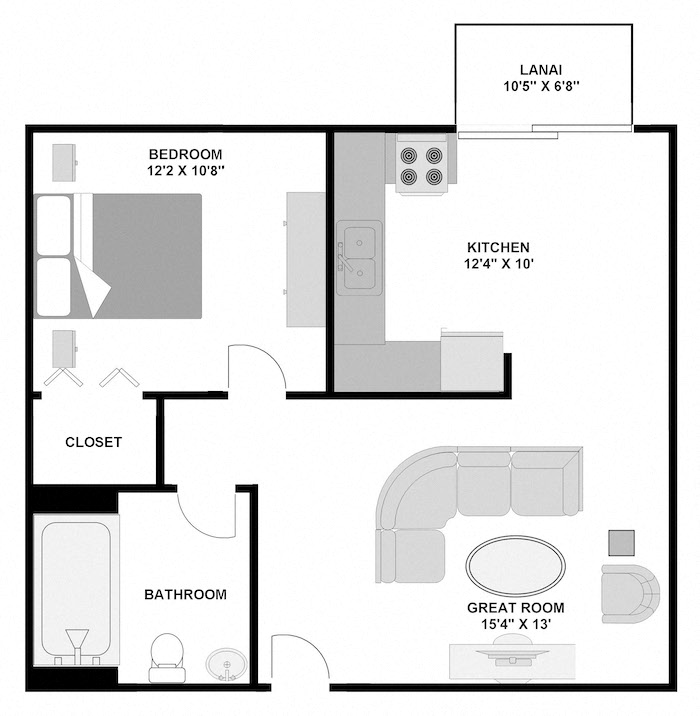 Floor plan for 1 bed, 1 bath, 575 sqft